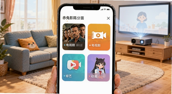 赤兔影院资源分类界面截图风格插画,画面展示手机屏幕中电影、电视剧、综艺、动漫四个彩色分类卡片整齐排列,背景是明亮的客厅场景,有沙发和投影仪,温馨舒适的家庭观影氛围