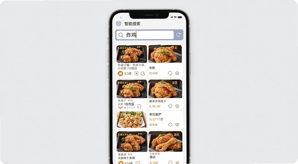外卖订餐特惠智能搜索功能界面,手机屏幕显示搜索框输入“炸鸡”后弹出多家优惠店铺列表,背景为浅灰色简约风格,突出搜索结果的清晰排列