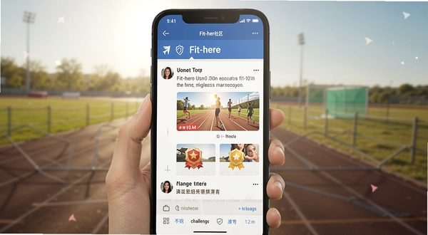Fit-here社区页面手机截图，屏幕显示用户动态与挑战徽章，背景为户外跑道，阳光明媚，画面充满活力，体现社交激励元素。