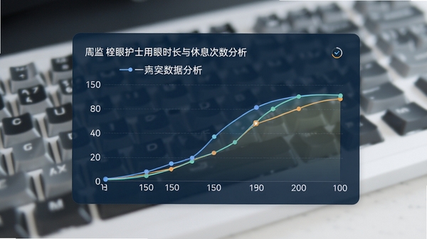眼睛护士用眼数据统计图表界面，展示一周用眼时长与休息次数曲线图，界面风格简洁专业，背景为模糊的电脑键盘，突出数据分析功能