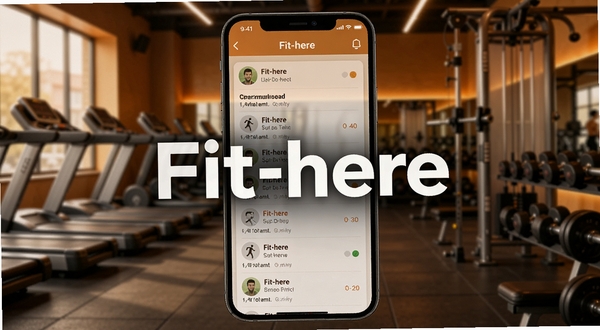 Fit-here应用界面中展示个性化训练计划列表，手机屏幕中央有醒目的Fit-here标志，背景为健身房环境，色调偏暖，突出计划安排的条理性与专业性。