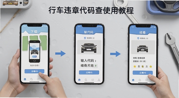 行车违章代码查使用教程示意图,画面展示手机屏幕上的操作步骤分解,包括下载安装、输入代码、查看结果三个环节,背景为简洁的浅灰色工作台面,风格偏向教学演示