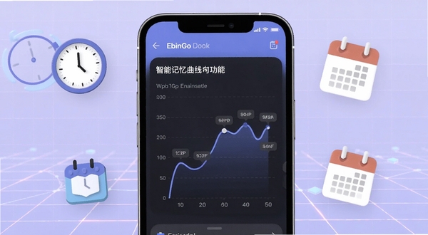 EbinGo 智能记忆曲线功能界面,折线图显示单词复习时间节点,手机屏幕周围漂浮着时钟与日历图标,背景为淡紫色科技感网格,画面整洁直观