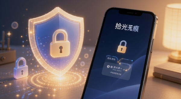 拾光无痕本地加密存储功能示意图，画面中一部手机屏幕显示密码解锁界面，背景有盾牌和锁形图标元素，拾光无痕软件名称出现在屏幕顶部，风格科技感与温馨感结合