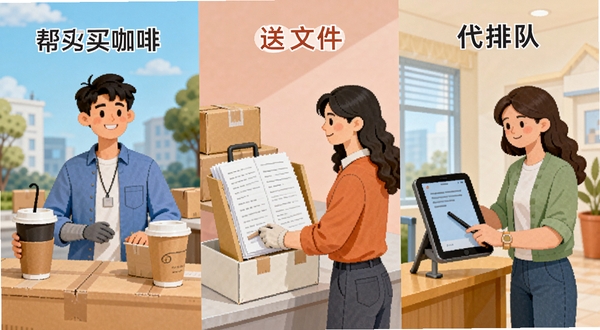 同城跑腿众包订单类型展示图,画面分割为帮买咖啡、送文件、代排队三个场景,人物动作清晰,色彩明快,体现多元化的跑腿服务内容