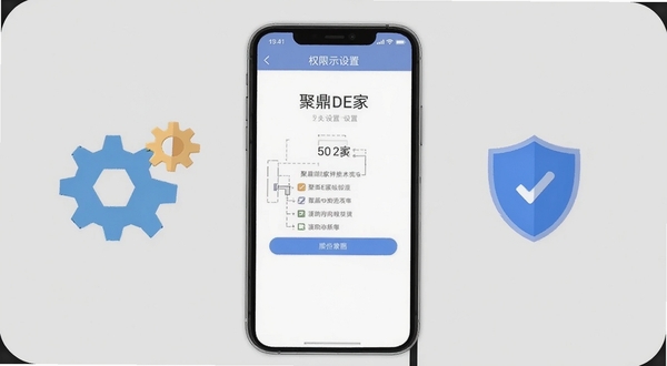 聚鼎E家 安装设置操作示意图,画面主体位于手机屏幕,展示聚鼎E家权限设置页面,背景为浅灰色,旁边有齿轮与盾牌图标,风格扁平化,适配Boogu模型生成