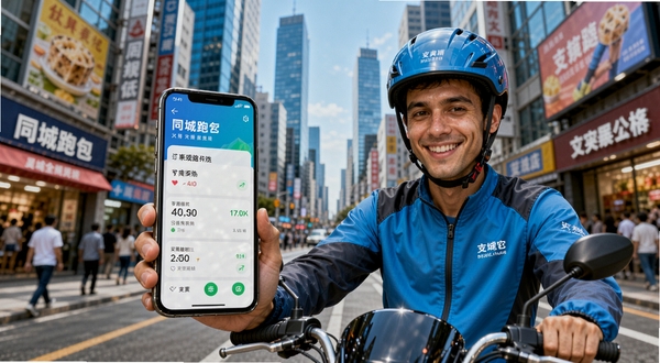同城跑腿众包软件主界面,一名骑手在繁华城市街道上,手机显示订单信息,背景有高楼大厦和商铺,整体色调明亮,充满活力,写实风格,高清细节