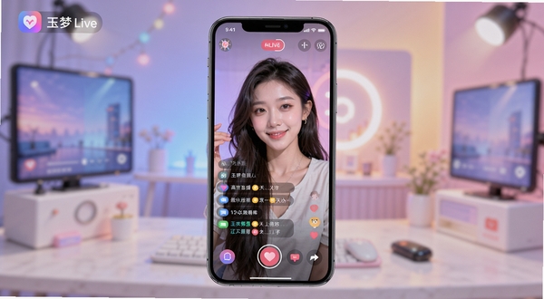 玉梦Live应用主界面预览图，画面中央为手机直播界面，包含摄像头预览画面、美颜调节按钮、互动消息弹幕区域，背景为柔和渐变色直播间场景，整体风格明亮现代，突出软件高清直播与互动社交的核心功能