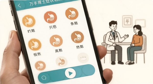 万孚胃士症状记录界面特写,手机屏幕显示多个胃部不适图标和滑动选择条,背景为暖白色,画面中有医生与患者沟通的简笔插画,突出记录便捷性