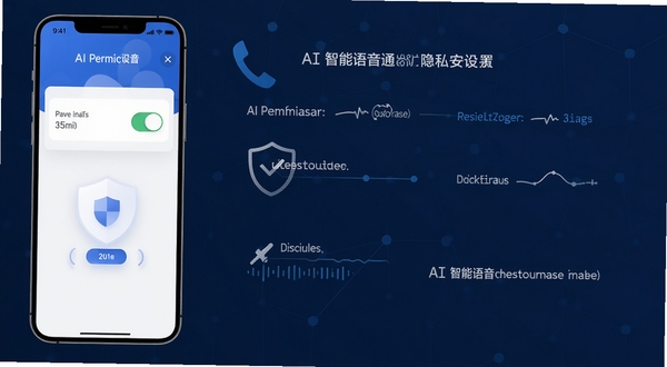 AI智能语音通话隐私安全设置页面示意图,手机屏幕显示权限开关与盾牌图标,背景为深蓝色稳重风格,突出安全可靠