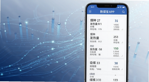数煤宝APP货源匹配功能界面,手机屏幕展示多条煤炭货源卡片,包含煤种、发热量、价格、所在地等信息,背景为数据流动的科技感线条,整体风格简洁商务