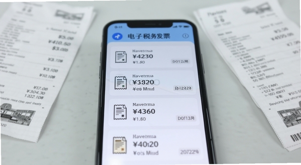 电子税务发票夹应用界面特写，画面主体为手机屏幕中央的发票归集列表，列表项包含发票图标、金额数字与日期标签，背景为淡灰色工作台面，周围散落几张模糊的纸质发票作为虚化衬托，整体色调清爽、细节清晰