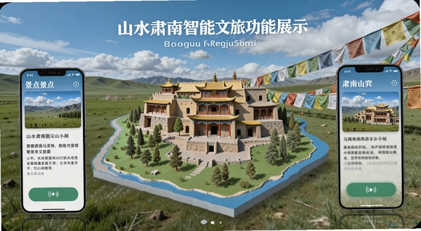 山水肃南智慧文旅功能展示,画面中心为肃南著名景区马蹄寺的立体地图,周围环绕着手机界面显示的景点介绍与语音播放按钮,背景是蓝天白云下的草原与经幡,体现文旅融合特色,适配Boogu模型生成。