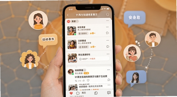 91再生链通商家黄页与圈子互动界面，画面展示手机屏幕中商家列表与动态帖子混合排布，周围环绕着人物头像图标和对话气泡，背景为温暖的橙灰色调，体现行业社区的人情味与活跃度