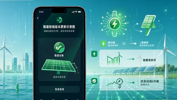 隆基智储版本更新示意图，背景为手机系统升级界面与绿色能源图标，强调新功能与优化内容，画面科技感强，色彩明亮