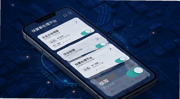 快算薪处理平台多账套权限管理界面示意图,手机屏幕展示多个企业账套卡片与权限开关按钮,背景为深蓝色科技感几何纹理,突出安全与秩序感