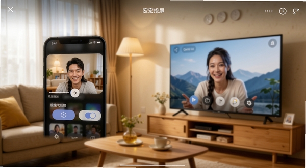 宏宏投屏 功能界面截图,展示视频推送与镜像模式切换按钮,画面主体为手机屏幕投射到电视的示意图,背景为居家客厅,色调温暖明亮