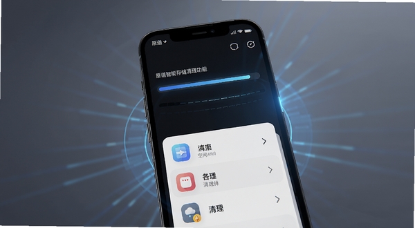 原道智能存储清理功能界面预览图，手机屏幕中显示扫描进度条与分类清理项，画面带有科技感蓝色光效，背景为深色简约风格，突出存储空间释放的视觉效果