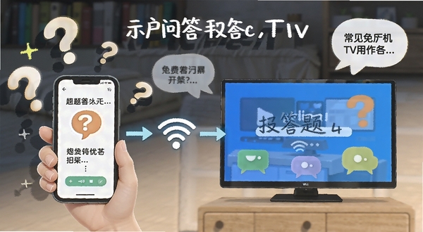 免费投屏手机TV用户问答场景示意图,画面中手机和电视通过WiFi连接,周围有问号与解答气泡元素,风格轻松易懂,突出常见问题解决