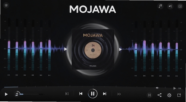MOJAWA音乐播放器主界面展示,深色背景,中央有专辑封面旋转效果,四周环绕均衡器动态波纹,整体风格科技感十足,画面清晰明亮,突出软件名称MOJAWA,风格现代简约,高清渲染