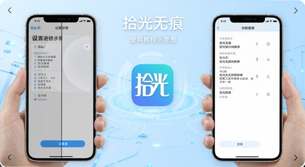 拾光无痕使用教程示意图，画面展示手机屏幕分屏操作，左侧为设置隐私锁步骤，右侧为权限管理界面，拾光无痕应用图标位于画面中央，背景为浅蓝色科技风格