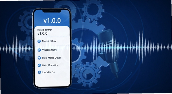 麦克风话筒扩音器版本更新概念图,手机屏幕显示版本号v1.0.0和更新日志列表,背景有齿轮和音频波形装饰,色调以蓝白为主,体现软件迭代升级的科技感