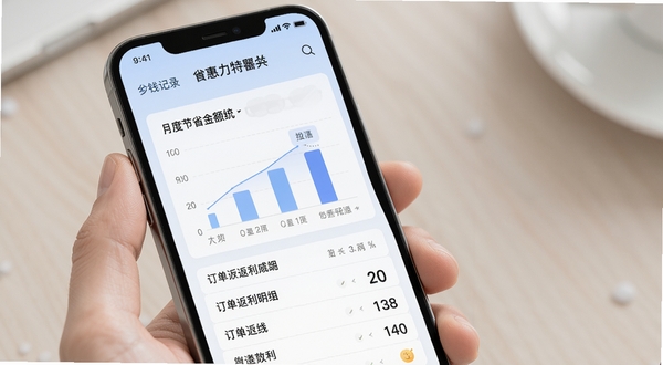 外卖订餐特惠省钱记录页面展示,手机屏幕显示月度节省金额统计图表和订单返利明细列表,背景为淡蓝色渐变,风格清爽商务