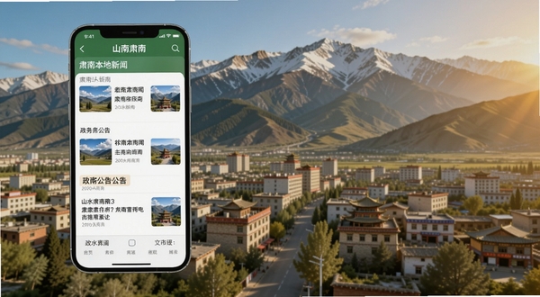 山水肃南应用资讯页面展示图,画面中手机屏幕显示肃南本地新闻列表与政务公告,背景为肃南县城远景与祁连山风光,色彩明亮温暖,适配Boogu模型生成