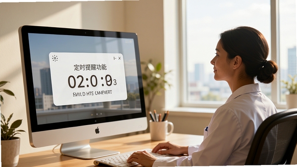 眼睛护士定时提醒功能示意图，屏幕上弹出优雅的休息倒计时窗口，背景为办公室场景，用户暂停工作眺望远方，画面温馨自然