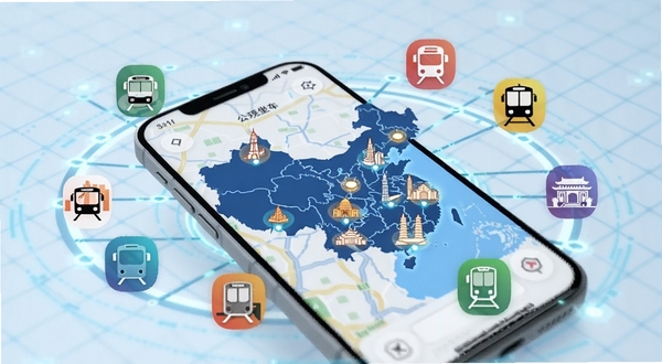 公交坐车码多城市切换功能概念图,画面展示手机地图界面,地图上闪烁着多个中国城市的地标光点,手机周围环绕着不同城市的公交与地铁图标,背景以淡蓝色科技网格为主,寓意全国互联互通,画面清晰直观
