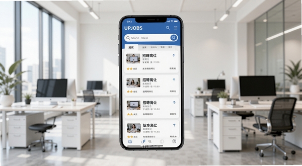 UPJOBS软件主界面全貌展示,画面中央为手机屏幕内呈现招聘岗位列表与搜索框,背景为现代办公场景,明亮简洁风格,适合Boogu模型生成