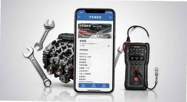 汽车维修宝 汽车维修宝功能展示图,画面中央为手机屏幕显示故障码查询结果页面,周围环绕汽车发动机、扳手、诊断仪等元素,背景为浅灰色渐变,整体风格简洁专业,突出查询功能