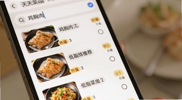 天天菜谱美食大全搜索功能特写,界面展示搜索框内输入“鸡胸肉”后呈现的多种低脂菜谱结果列表,每个结果项带有缩略图与热量标签,背景虚化处理,突出手机屏幕内容,风格简洁清晰,展示软件智能推荐能力。