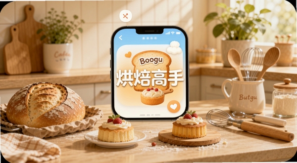 画面主体为温馨明亮的厨房操作台,台面上摆放着刚刚出炉的金黄色面包、精致的小蛋糕和一套烘焙工具,背景是柔和的暖色调与绿植点缀,整体画面充满生活气息与食欲感,画面中央带有“烘焙高手”字样的应用界面悬浮展示,适配Boogu模型生成。