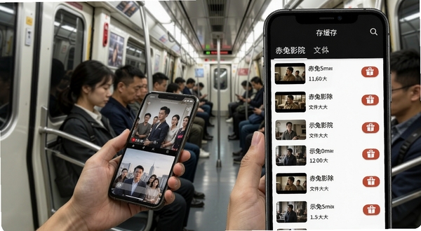 赤兔影院离线缓存管理界面示意图,手机屏幕显示已缓存影视列表,每项带有删除按钮和文件大小,背景是地铁车厢内景,乘客拿着手机看视频,体现通勤场景