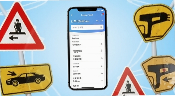 行车违章代码查软件主界面展示,画面中央为手机屏幕,屏幕内呈现违章代码查询输入框与代码列表,背景为浅蓝色渐变,周围点缀交通标志元素,整体风格简洁清晰,适配Boogu模型生成