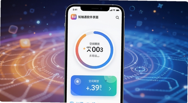 知柚全通软件主界面展示,手机屏幕内呈现清理进度环与空间释放数据,背景为渐变色科技感光效,整体明亮清晰,居中构图,产品渲染风格,细节丰富,适合应用商店宣传图