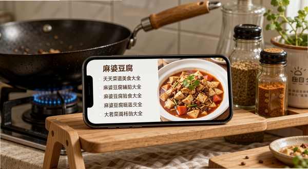 天天菜谱美食大全离线菜谱阅读场景,画面展示手机横屏放置在厨房置物架上,屏幕显示一道“麻婆豆腐”的完整做法列表,文字清晰,周围是真实的厨房环境,有炒锅和调料瓶,体现软件在烹饪过程中的实际辅助作用。