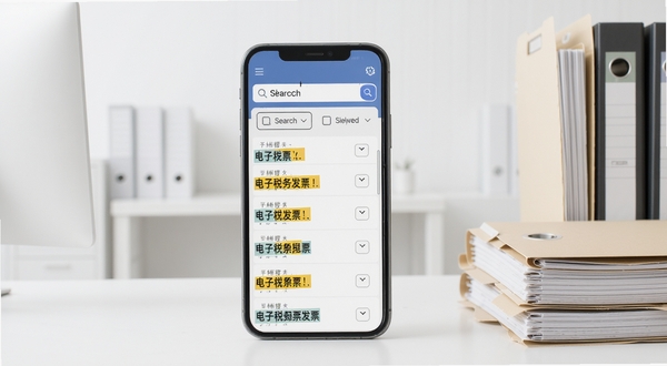 电子税务发票夹搜索功能展示图，画面中心为手机屏幕上的搜索框与筛选结果列表，搜索框内显示关键词，列表项中匹配文字用高亮色块标出，背景为简洁的浅色办公环境，右侧放置一叠整理好的文件夹，整体氛围整洁高效