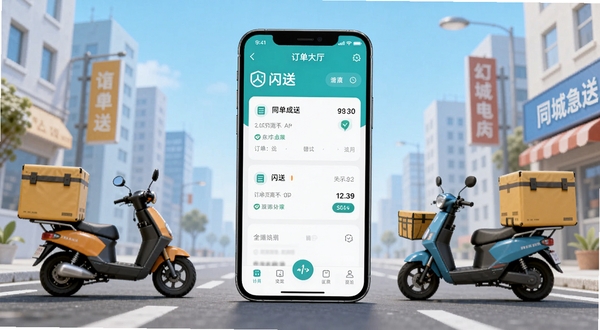 画面中心是一部竖屏智能手机，屏幕显示闪送员App的订单大厅界面，周围环绕着城市街道、电动车与配送箱等元素，背景为浅蓝色渐变，整体风格简洁明快，突出同城急送主题