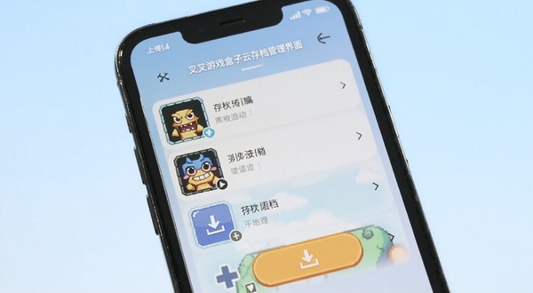 叉叉游戏盒子云存档管理界面，手机屏幕显示存档列表和上传下载按钮，背景为淡蓝色柔和渐变，画面主体为手机界面特写