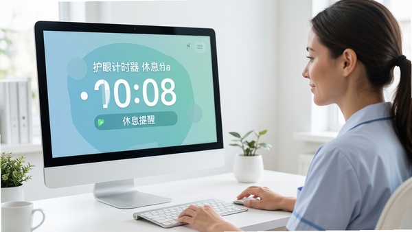 眼睛护士软件主界面预览图，展示护眼计时器与休息提醒功能，背景为现代简约办公桌面，电脑屏幕显示护眼倒计时，画面明亮清新，突出健康用眼主题