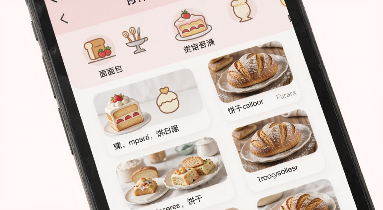 烘焙高手软件界面截图风格预览图,画面展示手机屏幕上分类清晰的配方列表,包含面包、蛋糕、饼干等图标,背景为浅粉色与白色相间的柔和界面设计,配以清晰的文字说明与诱人的食物缩略图,整体视觉简洁明快。