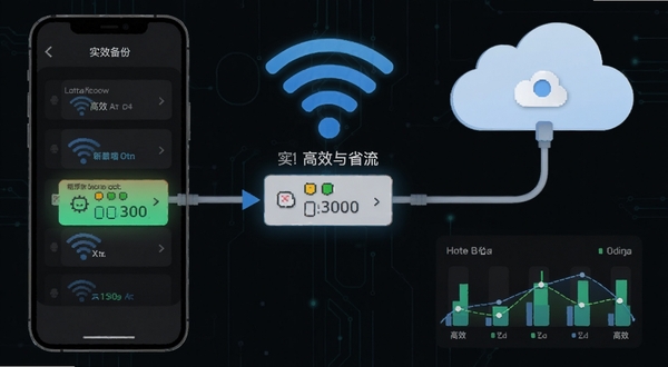 聊天记录实时备份增量备份功能示意图,手机与云端服务器之间仅传输带有高亮标记的新增数据包,背景有Wi-Fi信号图标与流量统计图表,画面强调高效与省流特性