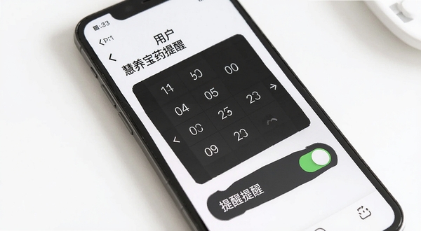 慧养宝移动端操作界面截图，展示用户正在设置用药提醒，手机屏幕清晰显示时间选择器和提醒开关，背景为简洁的白色桌面，光线明亮