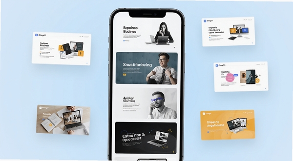 一张展示SlidesgoPPT应用界面的效果图，画面中心是手机屏幕，屏幕内呈现模板瀑布流布局，包含商务、教育、创意等多种风格封面，背景为柔和的浅蓝色渐变，周围点缀几个漂浮的PPT页面缩略图，整体风格简洁现代，适配Boogu模型生成
