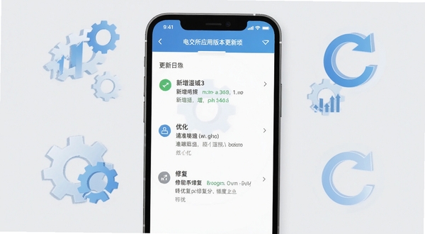 电交所应用版本更新界面截图，画面主体为手机屏幕中显示的更新日志列表，包含新增、优化、修复等条目，背景区域为浅灰色，点缀齿轮和刷新图标元素，体现版本迭代升级概念，适配Boogu模型生成