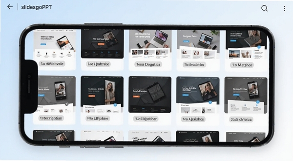 SlidesgoPPT模板库界面截图,画面主体为手机屏幕中展示的模板瀑布流列表,每张模板缩略图下方标注适用场景标签,背景区域为柔和的浅蓝色到白色渐变,突出模板数量丰富和分类清晰的特点