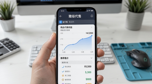 雅俗代售软件智能定价功能截图,手机屏幕显示商品价格曲线和推荐售价,背景为干净的工作台,软件名称雅俗代售清晰可见,采用高清渲染效果