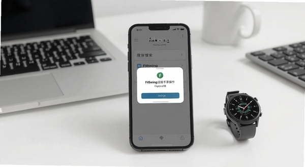 Fitbeing连接手表操作步骤示意图,画面展示手机屏幕显示设备搜索列表与手表配对弹窗,背景为简洁办公桌面,手机位于画面中央,手表在旁,风格清晰直观,适配Boogu模型生成